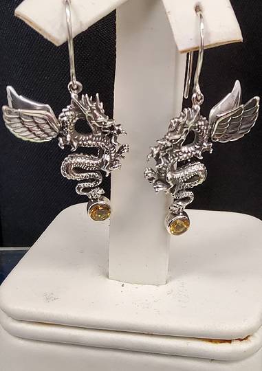 3D Sterling Silver Dragon Earrings with Citrine Drops
